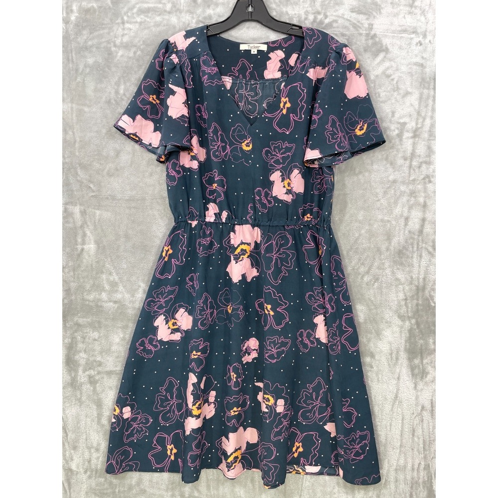 Tucker Women's Size‎ M Silk Dress Floral Navy Pink  A-lined Knee length V-Neck